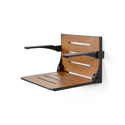 Seachrome Silhouette Comfort Folding Wall Mount Shower Bench Seat with Arms, Rustic Teak Seat with Matte Black Frame - color: Rustic Teak With Matte Black Frame