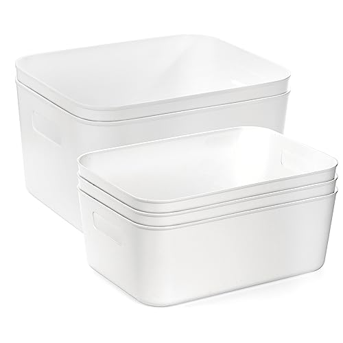 Peohud 5 Pack White Plastic Storage Bins, Pantry Organization and Storage Baskets with Handles, Open Plastic Storage Container for Home, Kitchen, Office, Shelves, Cabinet, Under Sink Organizer