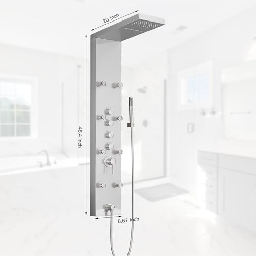 Brushed Nickel Shower Panel System Stainless Steel Rainfall Shower Tower | 4-Functions with 8 Adjustable Water Massage Nozzles Handheld Showerhead Wall Mounted Shower Panels by BATHLAVISH - color: Nickel