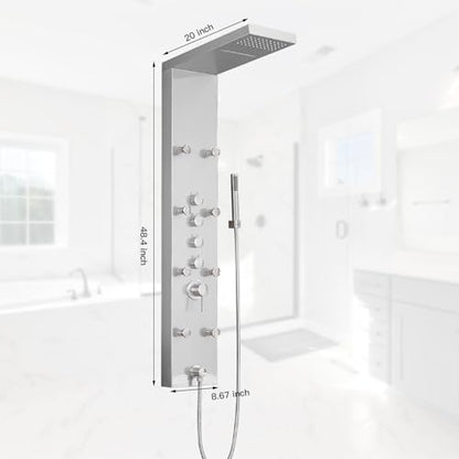 Brushed Nickel Shower Panel System Stainless Steel Rainfall Shower Tower | 4-Functions with 8 Adjustable Water Massage Nozzles Handheld Showerhead Wall Mounted Shower Panels by BATHLAVISH - color: Nickel