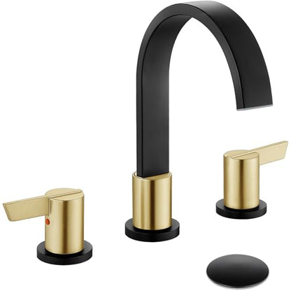 Midanya 8 Inch Widespread Bathroom Sink Faucet 3 Hole,Black and Gold Handle | Waterfall Swivel Spout,2 Handle,SUS304,with Pop Up Drain,cUPC 24" Water Hose,for 6-16” hole distance vanity,RV,Farmhouse Sink - color: Black/Gold Handle