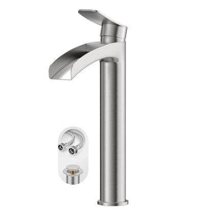 Phiestina Brushed Nickel Tall Bathroom Vessel Sink Faucet, Single Hole Single Handle Waterfall Modern Above Countertop Sink Bathroom Faucet, with Pop Up Drain and Water Supply Line, NS-SF01-BN-V - color: Brushed Nickel, style: 1 pack