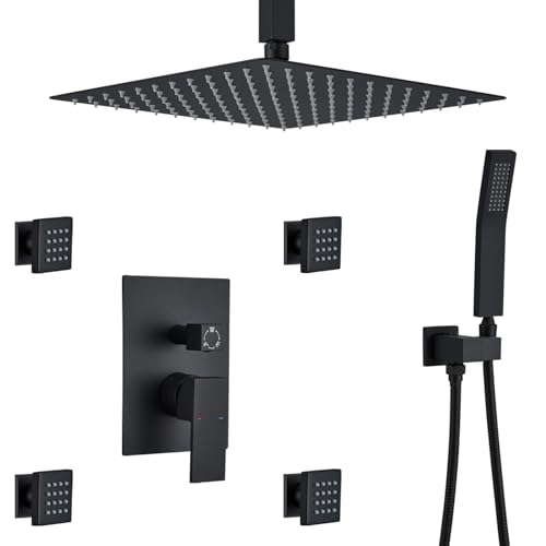 Rain Shower System With Complete 4 Pcs Body Sprays Jets And Pressured Balance Rough-in Valve,12Inch Rainfall Shower Head And Handheld, Modern Matte Black Ceiling Mount Shower Faucets Sets - color: Matte Black, style: Ceiling-Mount 4 Jets