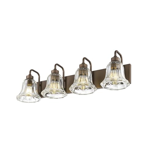 zeyu 4-Light Bronze Bathroom Vanity Light, Striped Glass, ZJX117B-4W ORB | Bronze Vanity Lights For Bathroom, Clear Striped Glass Shades, Metal And Glass Construction, 4-Light Wall-Mount Design - color: ORB+Clear Striped Glass, size: 4-Light