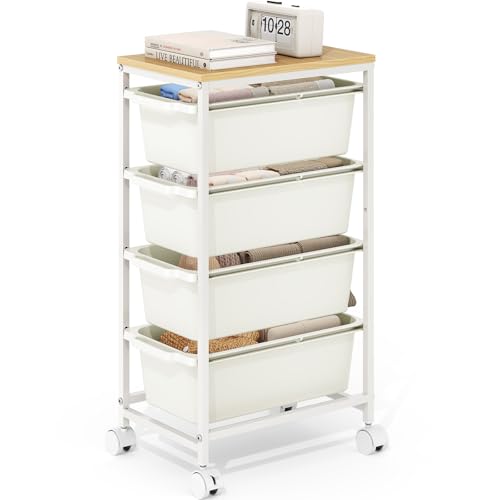 Slim Rolling Storage Cart with 4 Drawers, Craft Organizer, Wooden Tabletop Utility Cart for Bedroom, Children's Room and Office Organization, Table Side Trolley with Lockable Wheels, White - color: White, size: 4-Tier