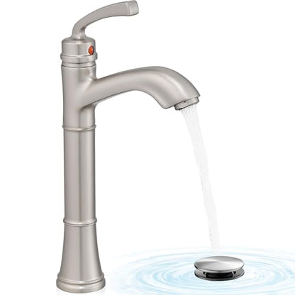 Brass Vessel Sink Faucet Brushed Nickel, Single Handle Tall Faucet for Bathroom Sink One Hole with Pop-Up Drain & Water Hoses, Save Water - color: Brushed Nickel