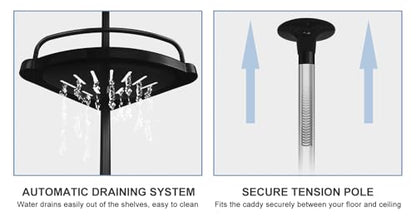 Hans&Alice H&A Tension Shower Caddy Pole, Bathroom Corner Shower Rack, Stainless Steel Pole and Rustproof-Black