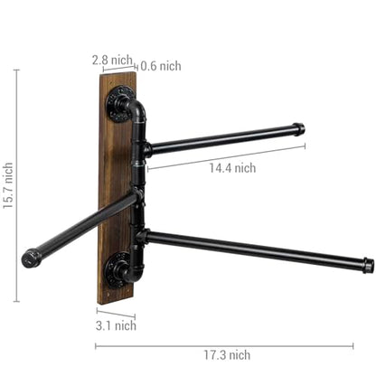 MyGift Wall Mount Swivel Towel Rack with 3 Tier Metal Pipe Bars & Wood Base | Swing-out design keeps towels organized and accessible while adding rustic industrial style to bathrooms, and pools areas - color: Burnt Wood / Black