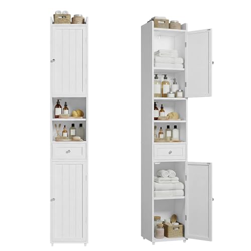 ChooChoo Tall Bathroom Storage Cabinet with Drawer, 11.8" x 11.8" x 70.8" | Narrow Storage Cabinet, Freestanding Cupboard for Small Spaces, White - color: White, size: 11.81"D x 11.81"W x 70.87"H