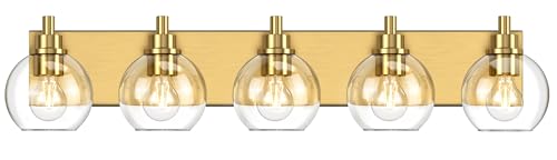 IZORRO Bathroom Light Fixtures, 5-Light Brushed Gold Vanity Light, Modern Wall Sconces with Globe Clear Glass Shade, Vanity Lighting Fixtures Over Mirror,E26 Bulb Socket - color: Brushed Gold, size: 5-Light