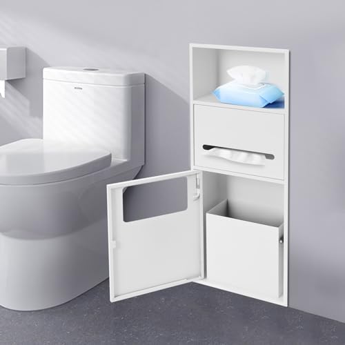 Recessed Toilet Paper Holder, Stainless Steel Shower Niche, Recessed Wall Niche, in-wall Trash Bin Cabinet, Toilet Storage Cabinet with Trash Can, White - color: White With Trash Can