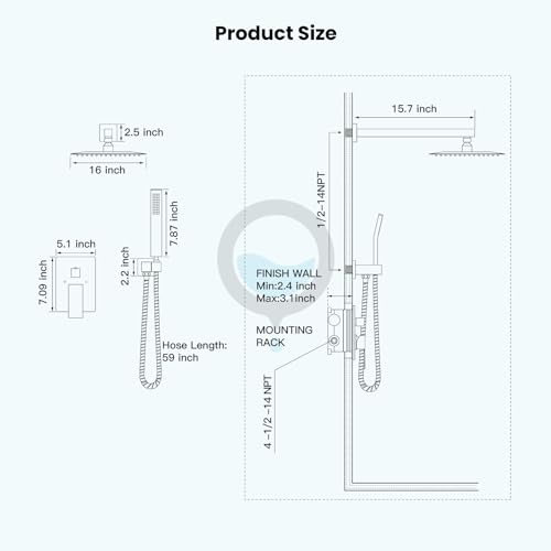 gotonovo Rainfall Bathroom Shower System Rain Shower Head and Handle Set Wall Mounted Shower Complete Combo Solid Brass Pressure Balancing Shower Mixer Valve 16 Inch Polished Chrome - color: Polished Chrome, size: 16 Inch