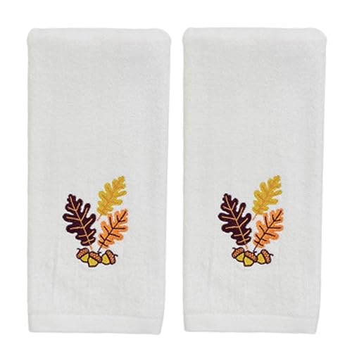 Serafina Home Fall Bathroom Hand Towels – Set of 2 Ivory Cream Off White 100% Cotton with Embroidered Acorn Leaves Design – 16" x 25" Bath & Kitchen Decor - color: Oak Leaves