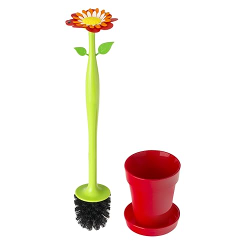 Vigar Flower Power Toilet Brush and Holder Set, House and Bathroom, Red | Toilet Bowl Cleaner, Daisy-Shaped Handle, Flowerpot Base and Saucer, for House and Bathroom - color: Red