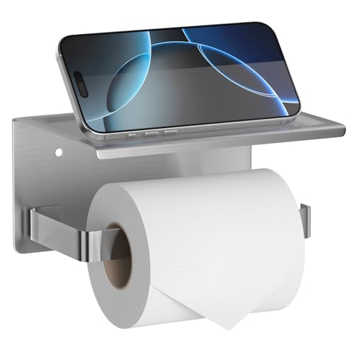 HITSLAM Brushed Nickel Toilet Paper Holder with Phone Shelf, Adhesive or Screw Wall Mount Toilet Paper Roll Holder, Rustproof Stainless Steel Toilet Tissue Holder for Bathroom, Kitchen - color: Brushed Nickel