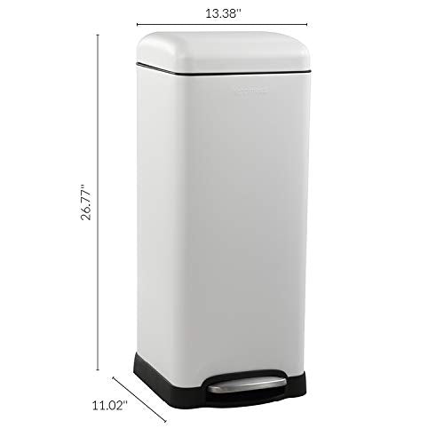 happimess Betty 8 Gal Step Trash Can Soft-Close Lid, Cotton White | Fingerprint Resistant, Removable Liner, Semi-Rectangular, Steel Pedal, Iron Powder Coated, 27" Height, Non-Skid Base - color: White