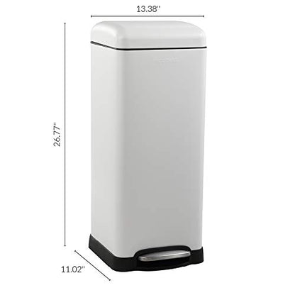 happimess Betty 8 Gal Step Trash Can Soft-Close Lid, Cotton White | Fingerprint Resistant, Removable Liner, Semi-Rectangular, Steel Pedal, Iron Powder Coated, 27" Height, Non-Skid Base - color: White