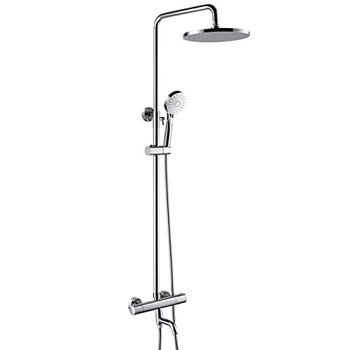 Chrome Thermostatic Rain Shower System with Tub Faucet, Wall Mounted High-Pressure Set with Multifunction Hand-Held Heads