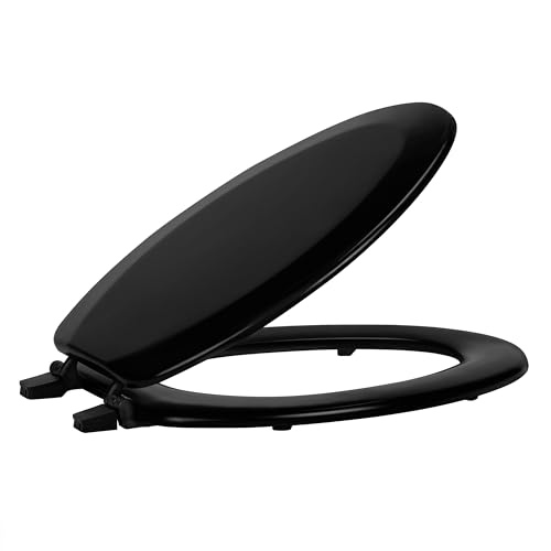 PowerSellerUSA Wood Elongated Toilet Seat, Adjustable Hinges Toilet Seats with Non Slip Grip Tight Bumpers, Oval Shape Heavy Duty Wooden Bathroom Toilet Seat Close Lid Set, Black - color: Black - Wood, size: 19" Elongated