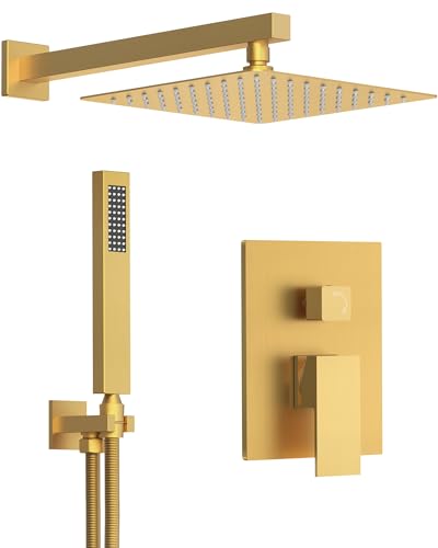 10" Shower System, Wall Mount Shower Faucet Set, Brushed Gold | Pressure-Balance Rough-In Valve Included, High Flow Square Rainhead, Stainless Steel Fixture for Bath Remodels - color: Brushed Gold