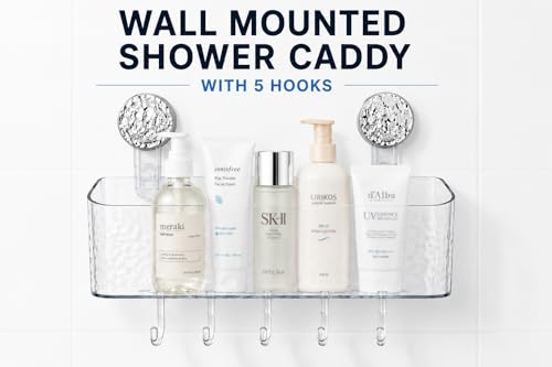HOME&I Suction Cup Shower Caddy with Twist-to-Lock Mount, Drill-Free Bathroom Organizer for Toothbrush, Toothpaste & Razor, Self-Draining Storage Rack with 5 Hooks - size: Shower Caddy – 1 Pack