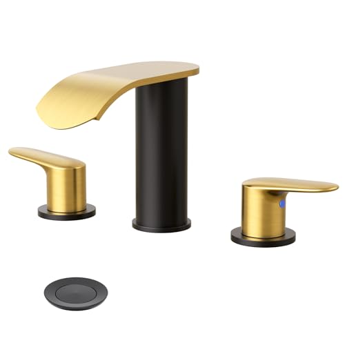 WOWOW Waterfall Bathroom Faucet 3 Holes 8Inch Widespread Bathroom Sink Faucet, Two Handles Lavatory Vanity Sink Faucets with Pop-up Drain & Supply Hoses, Modern Faucet Mixer Taps Black and Gold - color: Black and Gold