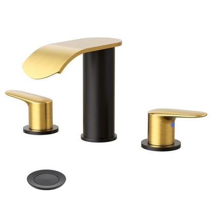 WOWOW Waterfall Bathroom Faucet 3 Holes 8Inch Widespread Bathroom Sink Faucet, Two Handles Lavatory Vanity Sink Faucets with Pop-up Drain & Supply Hoses, Modern Faucet Mixer Taps Black and Gold - color: Black and Gold