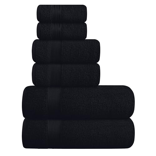 Ultra Soft 6 Pack Cotton Towel Set, Contains 2 Bath Towels 28x55 inch, 2 Hand Towels 16x24 inch & 2 Wash Coths 12x12 inch, Ideal for Everyday use, Compact & Lightweight - Black - color: Black