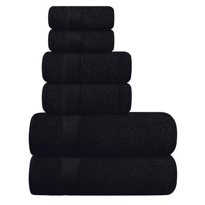 Ultra Soft 6 Pack Cotton Towel Set, Contains 2 Bath Towels 28x55 inch, 2 Hand Towels 16x24 inch & 2 Wash Coths 12x12 inch, Ideal for Everyday use, Compact & Lightweight - Black - color: Black
