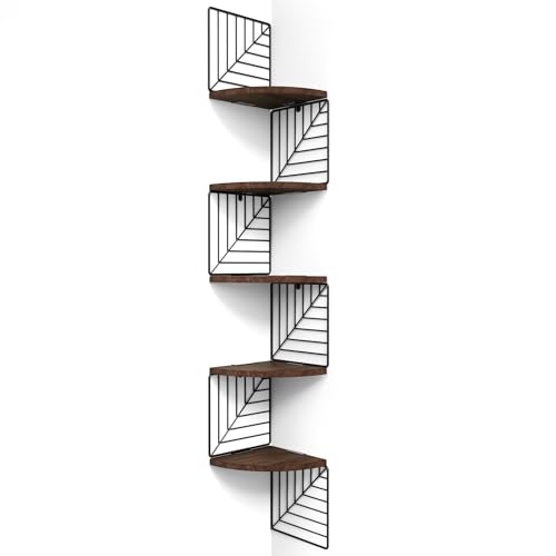 Love-KANKEI Corner Wall Shelf 5 Tier,Solid Wood with Bracket,51"Tall,Walnut | Easy to Install,Leaf-Shaped Floating Wall Shelves,Capacity 44 Lbs,For Bedroom Living Room Bathroom Kitchen Office,Display - color: Dark Walnut