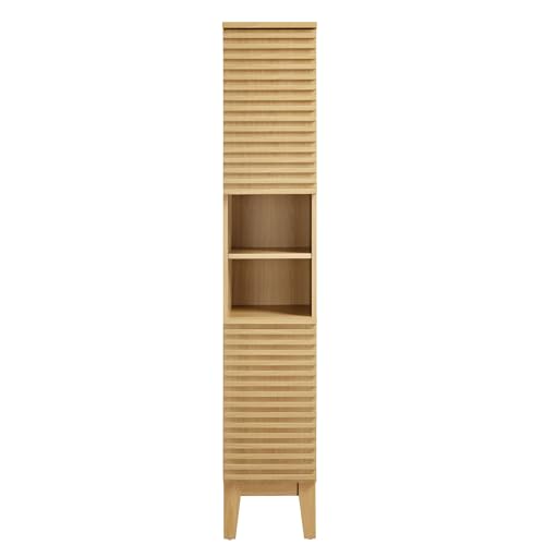 Modway Render Tall Narrow Bathroom Storage Tower in Oak - 63” Freestanding Linen Cabinet with Open Shelves and 2 Soft-Close Doors - Slim Towel and Makeup Organizer