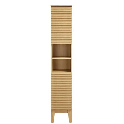 Modway Render Tall Narrow Bathroom Storage Tower in Oak - 63” Freestanding Linen Cabinet with Open Shelves and 2 Soft-Close Doors - Slim Towel and Makeup Organizer