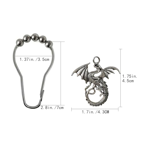 Dragon Shower Curtain Hooks Decorative Rings for Bathroom Cool Kids Bath Decor Rust-Resistant Stainless Steel Curtain Rings Pack of 12 (Silver) - size: Dragon