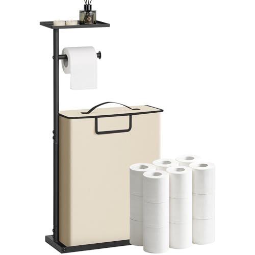Freestanding Toilet Paper Holder Stand with Shelf for Up to 12 Rolls,Rustproof Metal Bathroom Toilet Paper Storage with Lid, All-in-One Toilet Tissue Roll Dispenser and Organizer,Beige