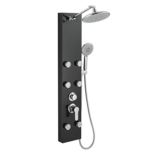 ROVOGO Shower Panel Tower System With Height Adjustable Shower Head, Black | Self-Cleaning Rain Shower and Handheld, 6 Body Jets, Brass Shower Arm and Valves, Stainless Steel Shower Column 43.3 inch - color: Black Panel+Chrome Fixtures