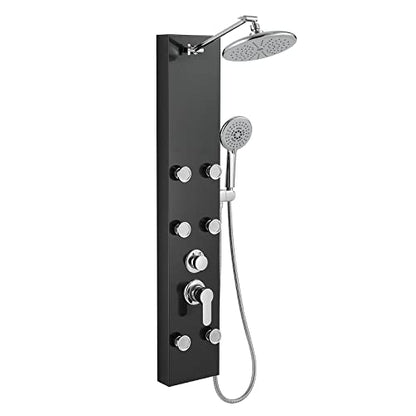 ROVOGO Shower Panel Tower System With Height Adjustable Shower Head, Black | Self-Cleaning Rain Shower and Handheld, 6 Body Jets, Brass Shower Arm and Valves, Stainless Steel Shower Column 43.3 inch - color: Black Panel+Chrome Fixtures