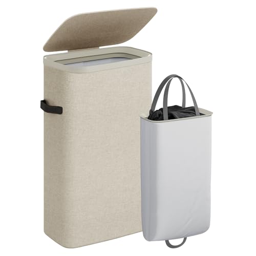 CASAMAYA Laundry Basket with Lid, Laundry Hamper 100L, collapsible Laundry Organizer, Easy Assembly, with Handles and Removable Liners, 16.5 x 12.6 x 29.5 Inches, Beige JSP902M - color: Beige, size: 100L(1-Section)