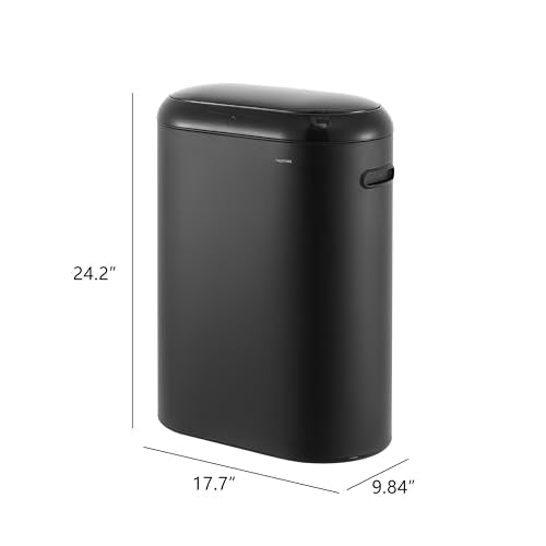 happimess 13.2 Gal Oval Motion Sensor Trash Can, Charcoal Black | Oval, Motion Sensor, Touch Mode, Soft Close Lid, Powder Coated Iron, Side Handles, 17.7" W x 9.84" D x 24.2" H - color: Charcoal Black