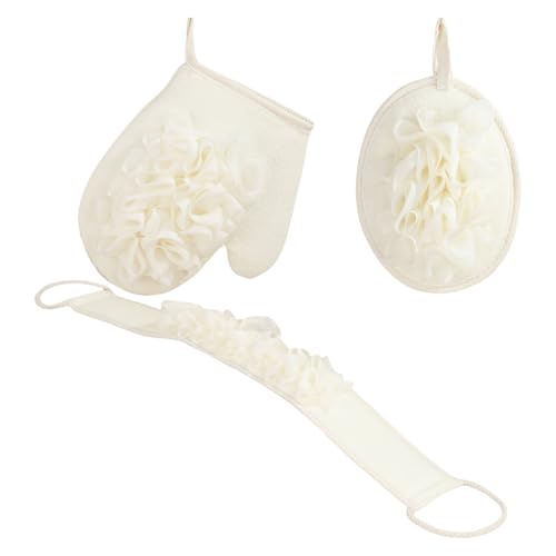 Triple Bath Scrub Set with Extended Back Scrubber Cleans Exfoliator Soft Washcloth Spa Grade Bathroom Essential Bath Scrubber Set - color: White