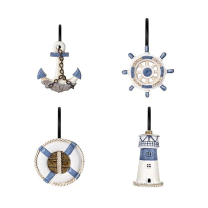 Sunlit Nautical Shower Curtain Hooks, Home Decorative Coastal Shower Curtain Rings with Black Hooks for Bathroom, Resin, Ocean Shower Curtain Hanger Hooks for Living Room, Set of 12, Blue Nautical Set - size: Nautical Set With Black Hooks