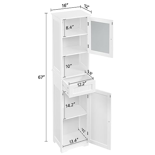 Yaheetech Tall Slim Bathroom Storage Cabinet with Frosted Glass Door, White | Narrow Floor Cabinet for Tight Spots, Reversible Doors, Adjustable Shelves and Drawer for Towel and Linen Storage, MDF Build - style: 2 Doors + 1 Drawer