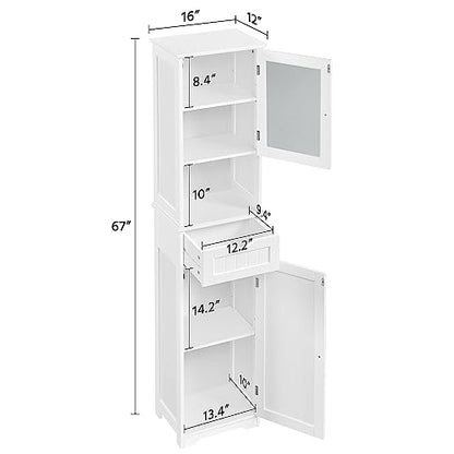 Yaheetech Tall Slim Bathroom Storage Cabinet with Frosted Glass Door, White | Narrow Floor Cabinet for Tight Spots, Reversible Doors, Adjustable Shelves and Drawer for Towel and Linen Storage, MDF Build - style: 2 Doors + 1 Drawer