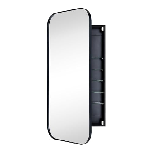 TEHOME Black Rectangle Long Bathroom Medicine Cabinet with Mirror Matt Black Recessed and Surface Mount Stainless Steel Metal Framed Rounded Rectangular Bathroom Cabinet with Mirror 20x40'' - size: 20 x 40''