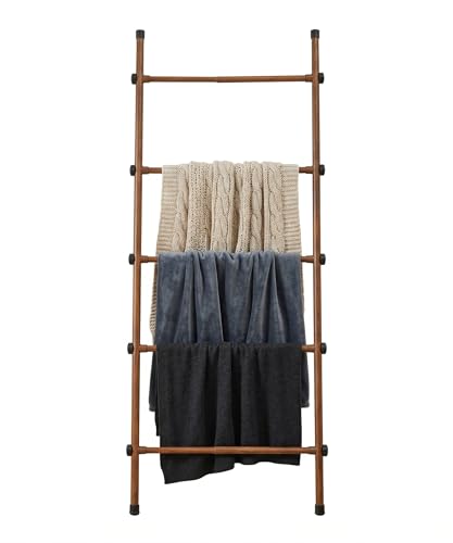 SIBRAD Expandable Blanket Ladder for Living Room, Adjustable Width (17.3"-32.3") Tall Metal Quilt Rack Wall Leaning, Rustic Brown Wood Grain 5-Tier Blanket Holder, Heavy Duty 45 Lbs Capacity - color: Brown Grain