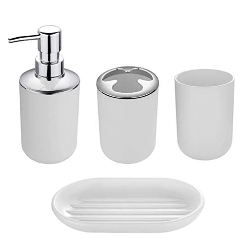 4pcs Bathroom Accessories Set, Toothbrush Holder Tooth Mug Soap Dish Liquid Bottle Bathroom Set Shower Countertop Vanity Organizer(White) - color: White