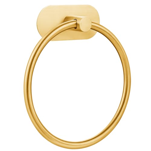 Self-Adhesive Towel Ring for Bathroom, No Drilling Stainless Steel Rustproof Hand Towel Holder, Wall Mounted Bathroom & Kitchen Towel Hanger with Strong Adhesive, Modern Bath Organizer Brushed Gold - color: Brushed Gold, size: 1 Pack