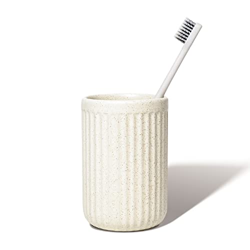 Beige Ceramic Toothbrush Holder, Speckled Rippled Tumbler | Bathroom Vanity Accessory, Makeup Tools Organizer, Desktop Storage, Minimalist Decor, Elegant Everyday Essentials - color: Speckled Beige