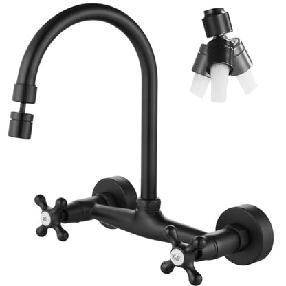 Airuida Matte Black Wall Mounted Kitchen Faucet,Utility Sink Faucet | 8 Inch Adjustable Center,360° Swivel Spout,Wall Mount Commercial Faucet,Double Cross Handle - color: Matte Black