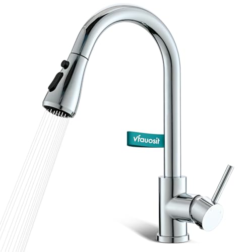 VFAUOSIT Kitchen Faucet with Pull Down Sprayer, Polished Chrome High Arc | 3 Spray Modes, 360° Swivel, Lead-Free SUS304 Steel, cUPC/CEC Certified, Fingerprint-Resistant Finish, Ceramic Disc Valve - color: Chrome