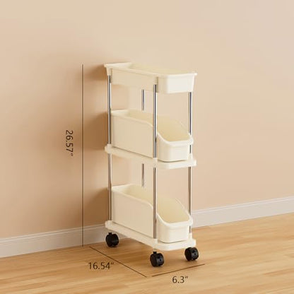 Slim Storage Cart 3 Tier Slim Rolling Utility Cart with Pull-Out Baskets & Wheels for Narrow Space in Kitchen Dining Room Bathroom Laundry Room Cream White (Width 6.3 Inches) - size: 3 Tier